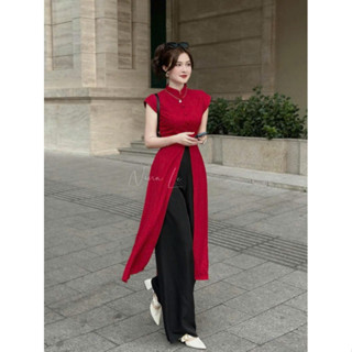 Sét bộ áo dài cách tân cổ tàu tay ngắn gắn nút chất tuyết nhung cao cấp xẻ dài tà áo mix quần đen suông đầm xinh