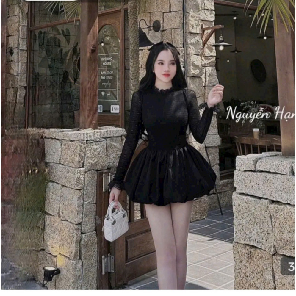 Đầm thời trang nữ cao cấp chất thun ren tay dài váy xòe tùng bí phông mini 2 màu có lót trong | BigBuy360 - bigbuy360.vn