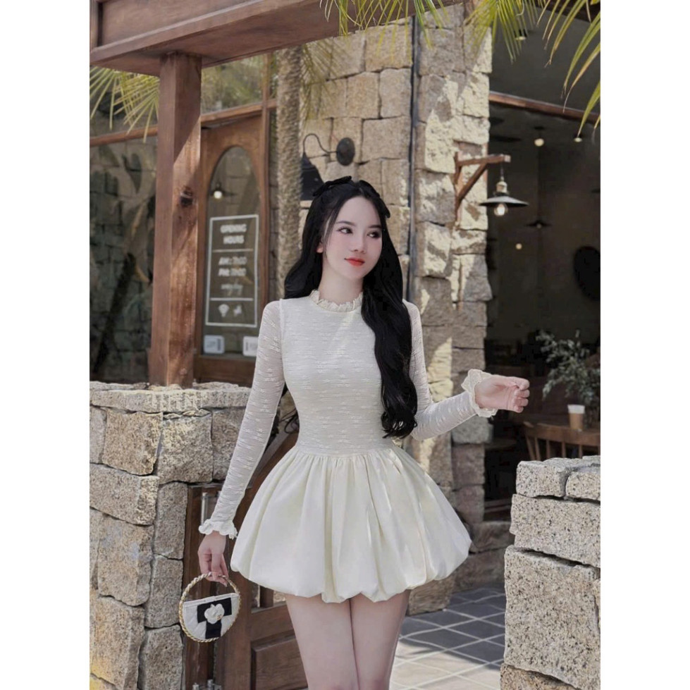 Đầm thời trang nữ cao cấp chất thun ren tay dài váy xòe tùng bí phông mini 2 màu có lót trong | BigBuy360 - bigbuy360.vn