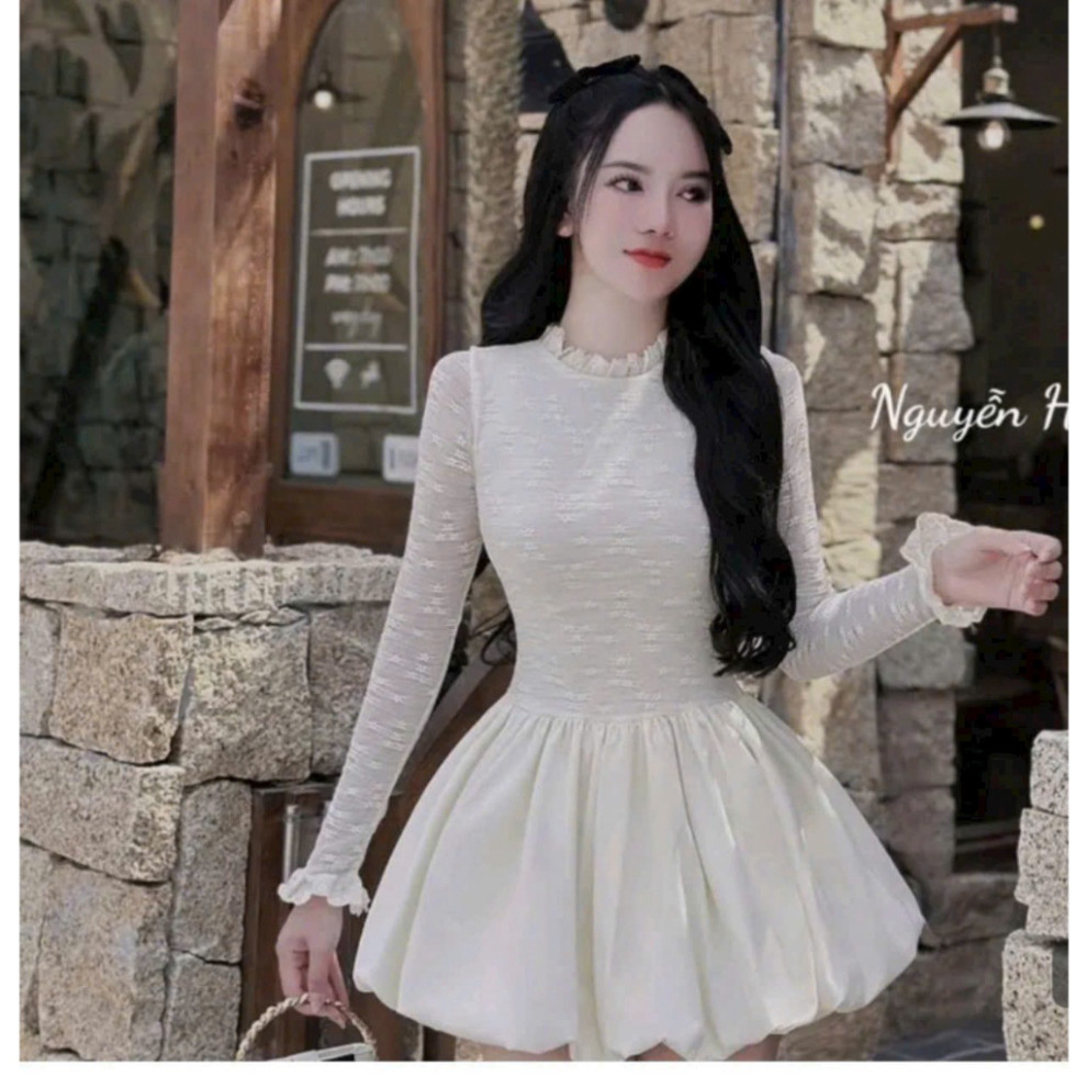 Đầm thời trang nữ cao cấp chất thun ren tay dài váy xòe tùng bí phông mini 2 màu có lót trong