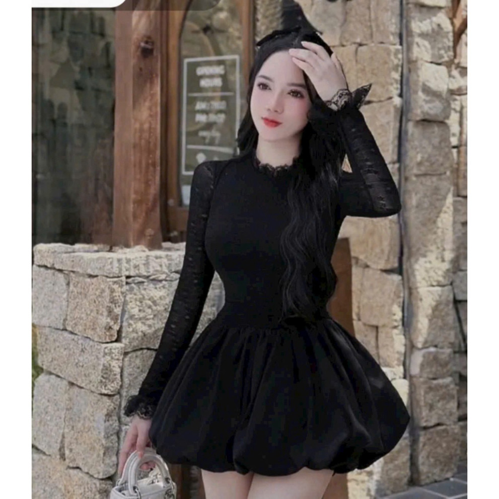 Đầm thời trang nữ cao cấp chất thun ren tay dài váy xòe tùng bí phông mini 2 màu có lót trong | BigBuy360 - bigbuy360.vn