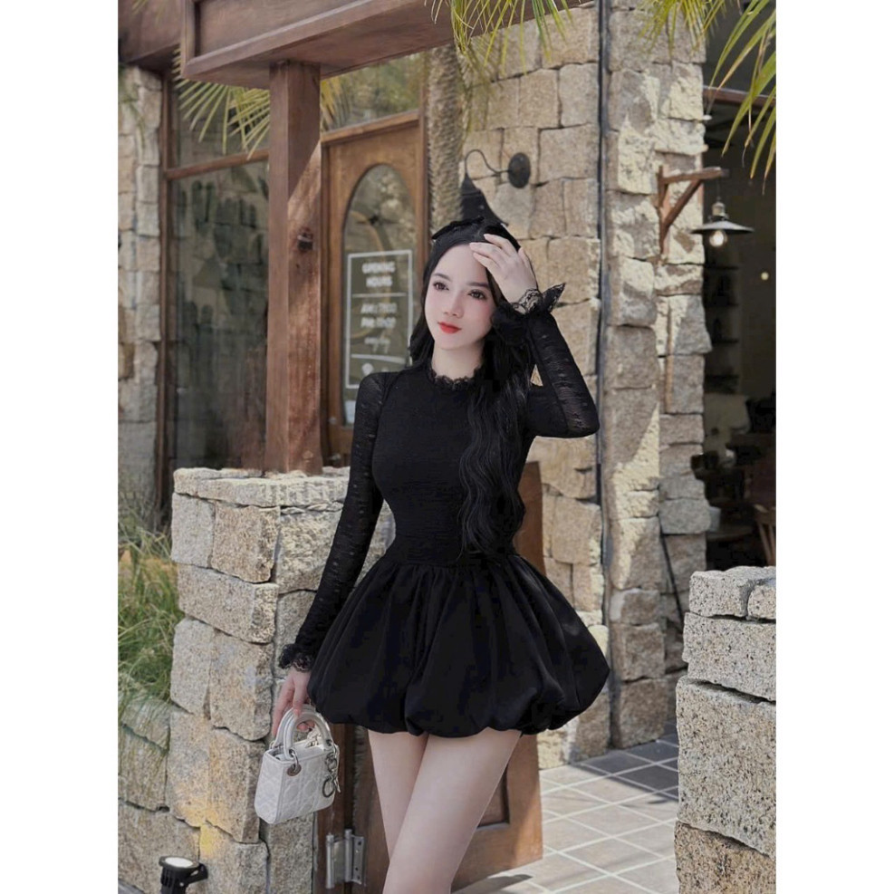 Đầm thời trang nữ cao cấp chất thun ren tay dài váy xòe tùng bí phông mini 2 màu có lót trong | BigBuy360 - bigbuy360.vn