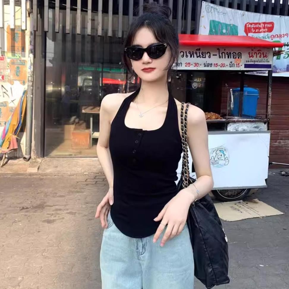 Áo Kiểu Vạt Bầu Cổ Yếm PinkLotus Store Phối Cúc Cài Gợi Cảm A5952