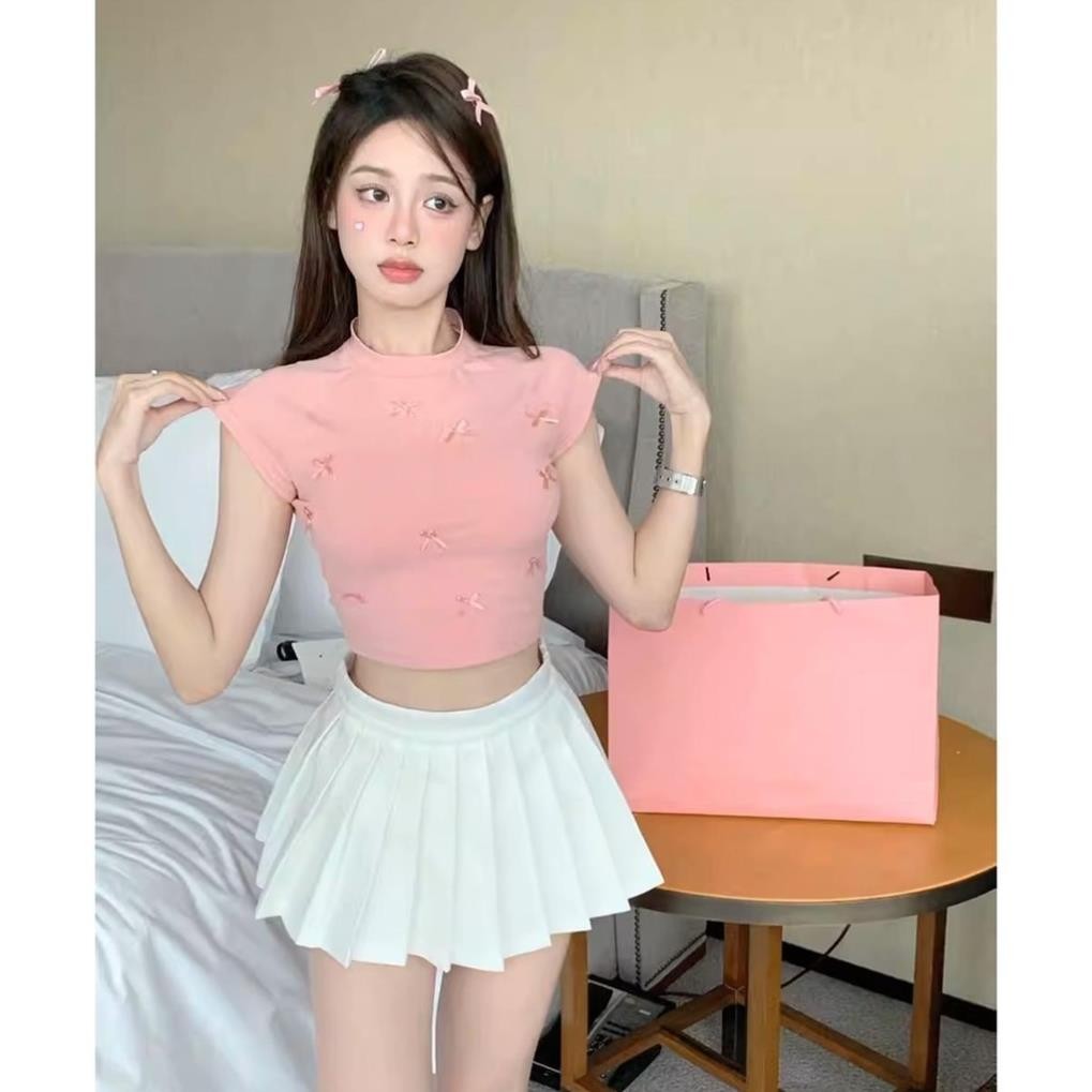Áo Croptop Tay Ngắn Cổ Tròn PinkLotus Store Đính Nơ Dễ Thương A51104