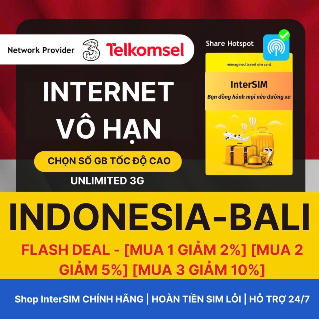 【Sim du lịch Indonesia - Bali】【Nhà mạng TELKOMSEL】【Internet tốc độ cao 4G / 5G】Sim Du Lịch InterSIM giao hoả tốc từ HCM