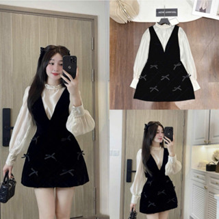 [Freeship] Set Áo Nhung Yếm Đính Nơ, Mix Áo Sơ Mi Voan Tơ Tay Bồng Siêu Xinh [Freeship]