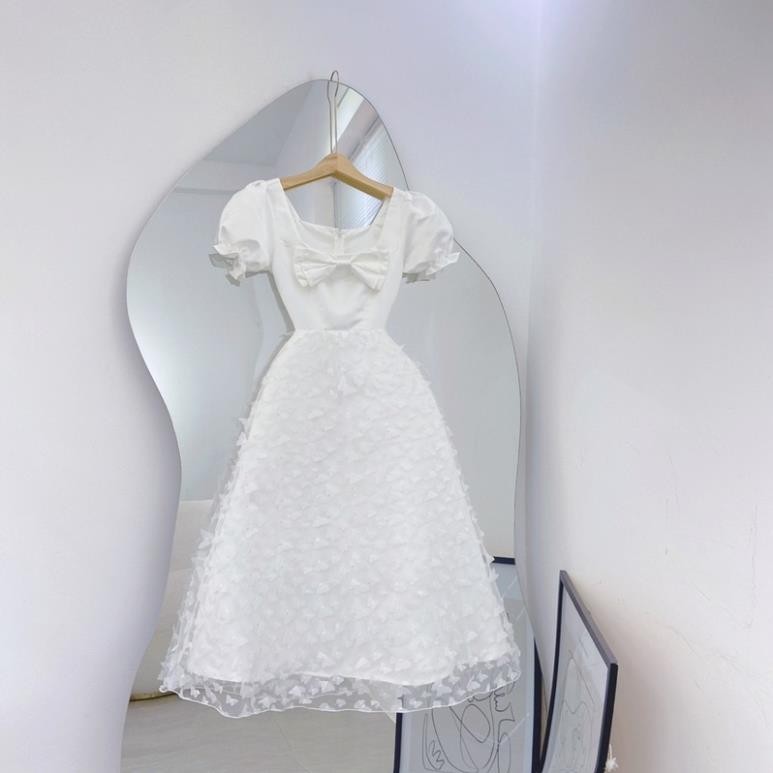 ĐẦM MIDI NƠ NGỰC HOA NỔI CÔNG CHÚA TRẮNG MS72