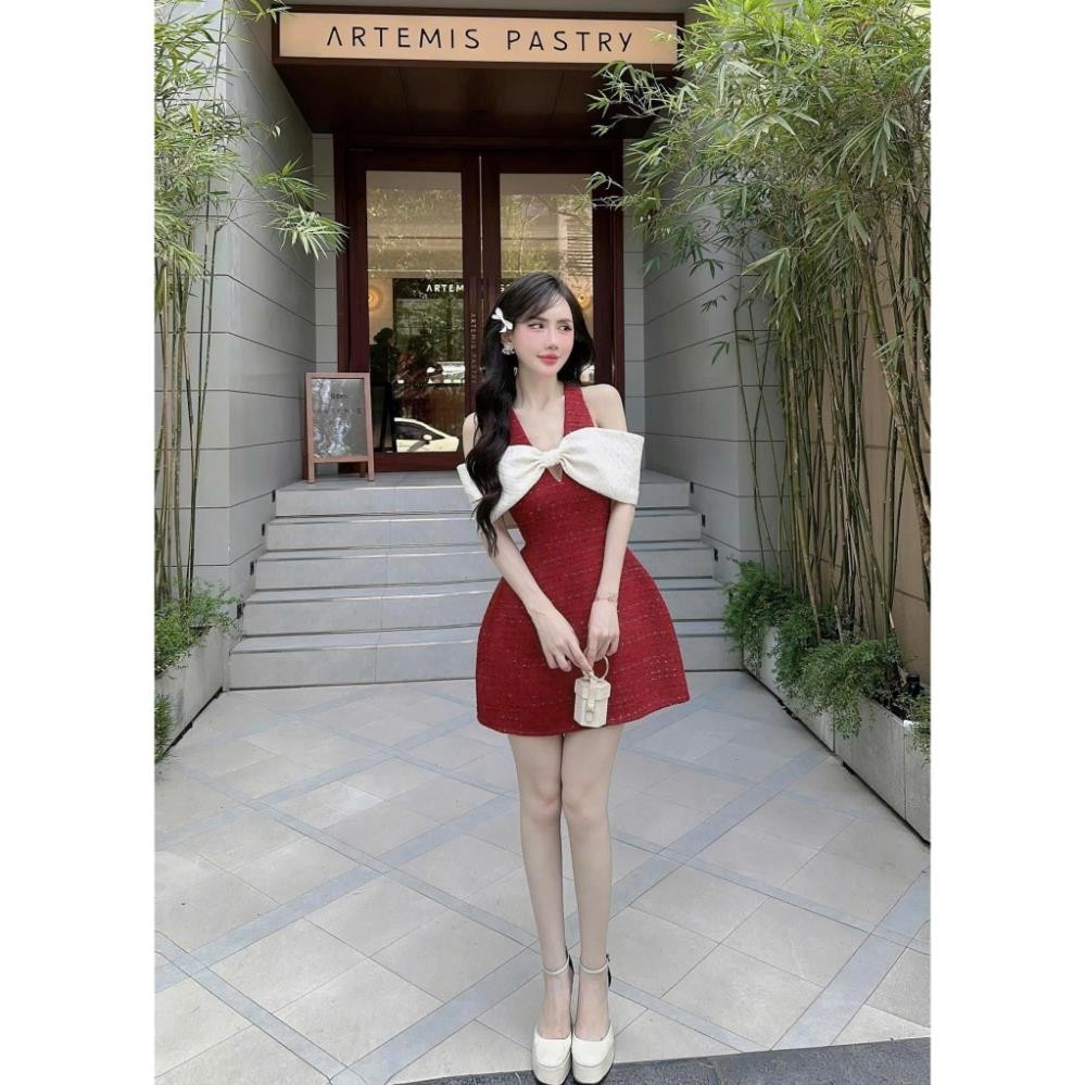 ĐẦM DẠ ĐỎ DÂY NƠ CỔ YẾM PHỐI RỚT VAI TRẮNG NƠ NGỰC (TH)