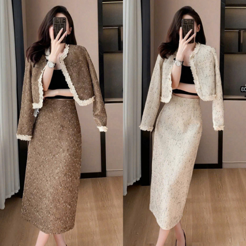 Set Dạ Tweed Dáng Dài Áo Dài Tay Phối Bèo Kèm Chân Váy Dáng Dài HAMY.FASHION Đẹp Quyến Rũ ,Sang Trọn