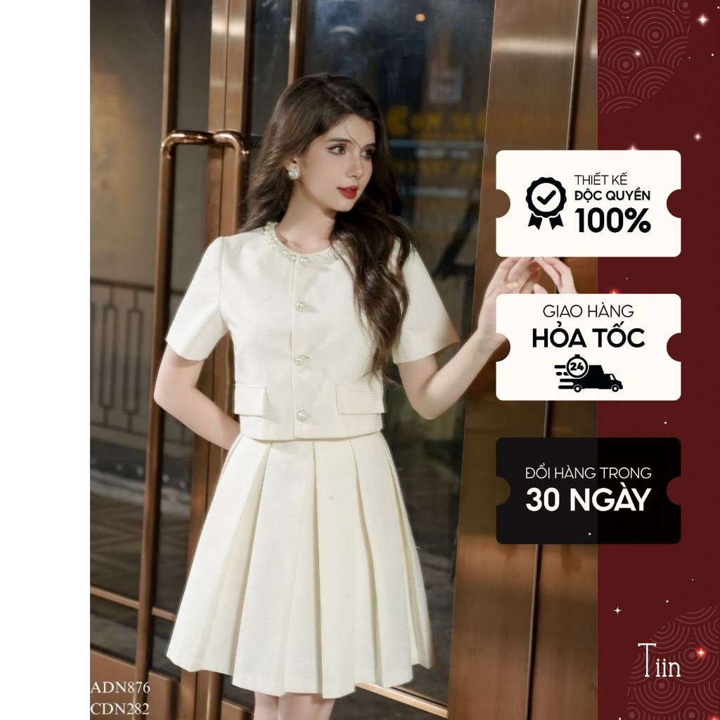 Chân váy ngắn nữ dáng xòe xếp ly súp màu kem Tiin Store CDN282