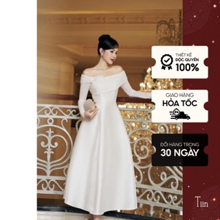 Váy đầm thiết kế nữ lệch vai dáng xoè hoa cài chất tafta nhũ dự tiệc prom sang chảnh Tiin Store VHD957