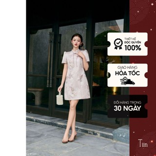 Váy cách tân kiểu nữ vải tafta hồ điệp sang trọng thiết kế cổ trụ viền đính nơ thanh lịch - Áo Dài Tết TIINSTORE VCT1192