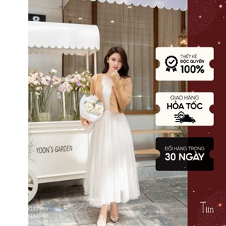 Chân váy xếp ly midi dáng dài bồng chất voan đính nơ hai màu freesize Tiin Store GC23063