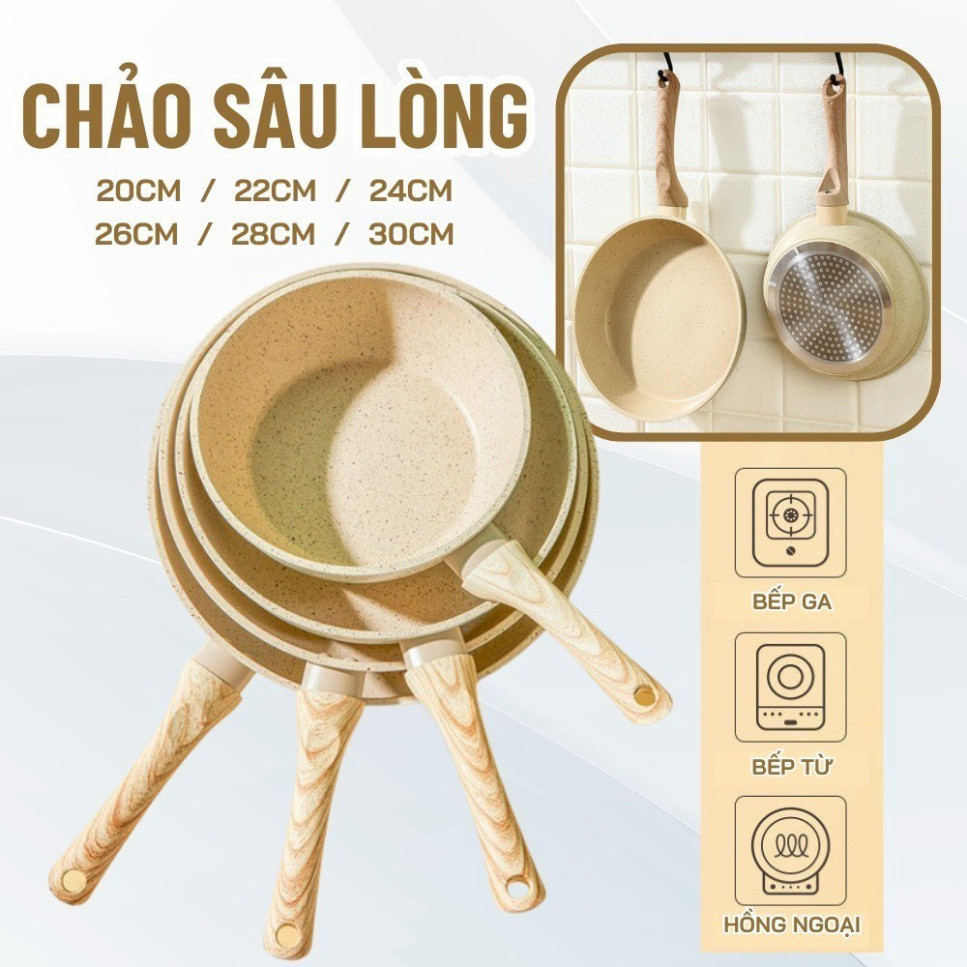 Chảo Chống Dính Bếp Từ Vân Đá Kiểu Nhật Size 20cm, 24cm, 26cm, 30cm cán gỗ siêu đẹp