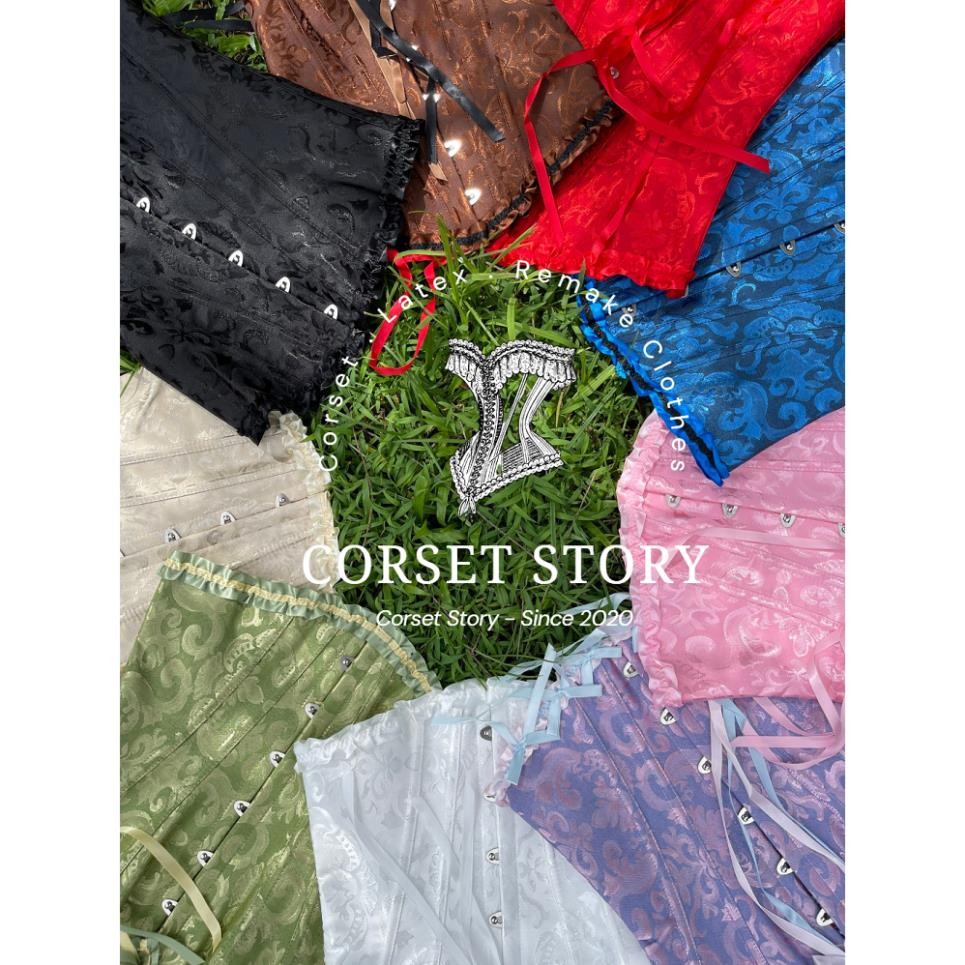 CORSET DREAMS -Bảng màu áo Corset Cổ điển vintage họa tiết hoa gấm có xương định hình dây rút siết e