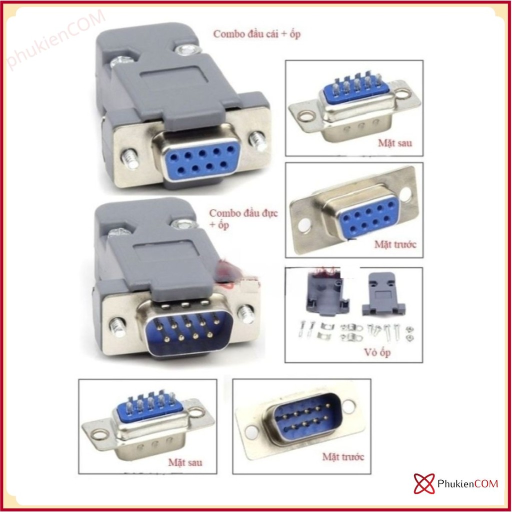 Combo đầu hàn COM DB9 RS232 đực, cái + vỏ ốp nhựa vặn ốc