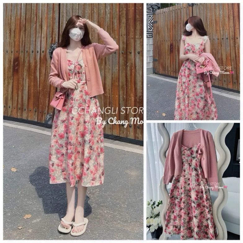 Set váy hai dây chất voan hoa dáng dài kèm áo khoác thun gân sang chảnh thích hợp cho các buổi TIỆC QC🌹🌹 Sam Clothing