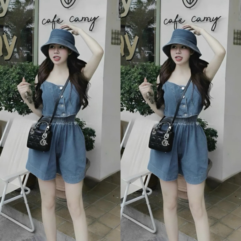 Set bộ thời trang nữ áo hai dây croptop mix quần short ống rộng chất jeans quảng châu siêu đẹp Sam C