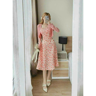 Set váy hoa 2 dây xếp ly ngực bọc nút kèm áo khoác gân xinh xắn cùng tone hồng dễ thương phù hợp đi tiệc, đi biển QC🌹 S