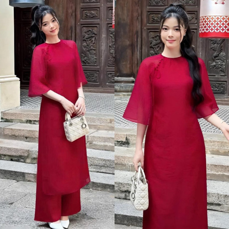 Bộ Áo Dài Tết Cách Tân Dáng Suông Phối Nút Bọc Tay Lửng + Quần Sang Chảnh Xinh Xắn Sam Clothing