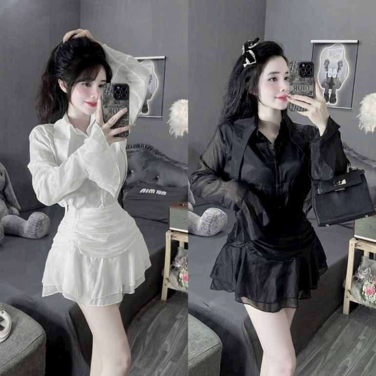Set Áo Sơ Mi Cổ Cách Điệu Kèm Chân Váy Có Lót – Thiết Kế Xinh Xắn, Dự Tiệc Đi Chơi – QC Sam Clothing