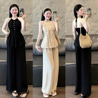 Set bộ thời trang nữ mặc đi chơi chất đũi vân mây áo cổ dây yếm xoè chạy mocking nút hở lưng quần dài suông xinh xắn Sam