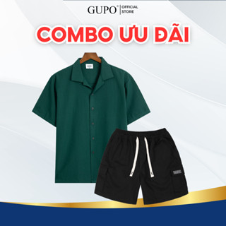 Combo Áo Sơ Mi Nam Cổ Bẻ Ngắn Tay Vải Linen Gân GUPO Local Brand Và Quần Short Túi Hộp Kaki Unisex