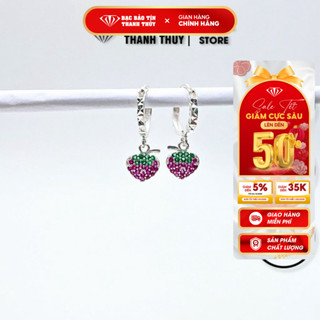 Bông tai bạc cho bé Bảo Tín Thanh Thủy, hoa tai bạc hình dâu tây gắn đá Cz màu, khuyên tai gài sau cao cấp