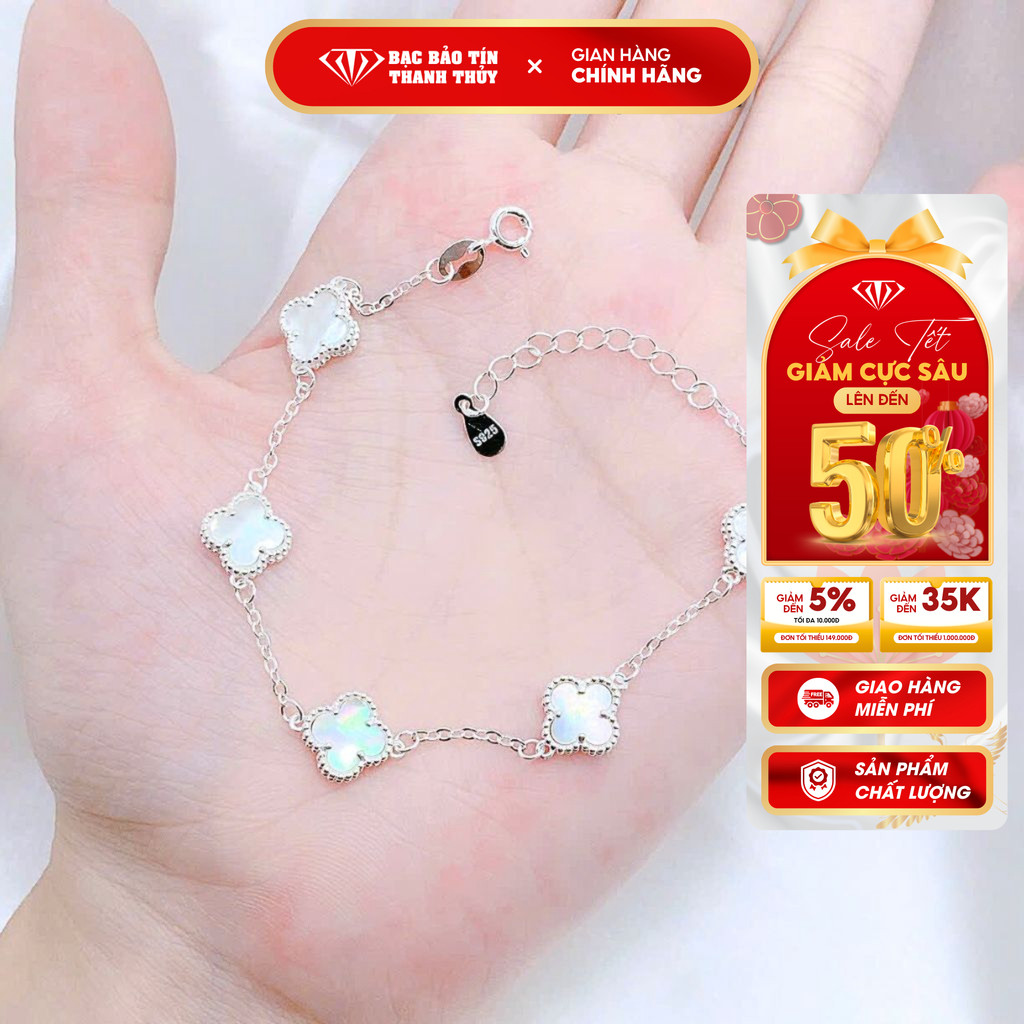 Lắc tay bạc nữ cỏ 4 lá viền đá Bảo Tín Thanh Thủy, vòng tay bạc thật dài 17-19 cm, lắc bạc nữ cỏ 4 l