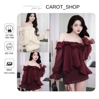 VN17 (  Voan cứng - có bigsize- loại 1 ) SET ÁO TRỄ VAI TƠ XOÈ PHỐI CHÂN VÁY ÔM BODY CHỮ A ĐỤC LỖ by CarrotShop