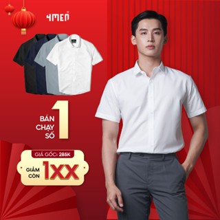 Áo sơ mi nam tay ngắn trơn đẹp 4MEN SM087 vải lụa chéo mềm mịn, hạn chế nhăn, form regular rộng công sở trẻ trung giá rẻ