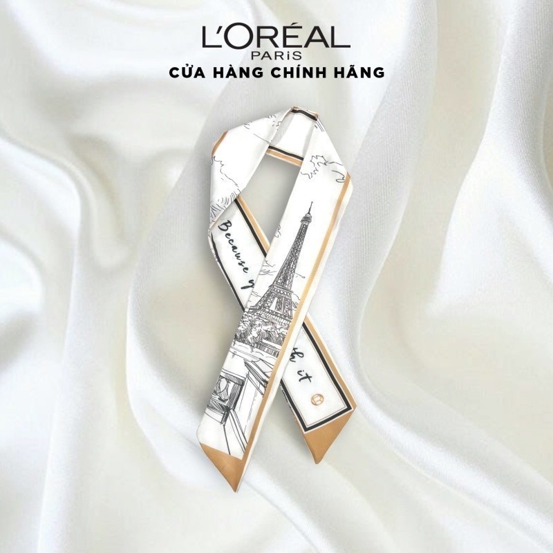 [Quà tặng không bán] Khăn lụa turban trắng họa tiết cao cấp L'Oreal Paris