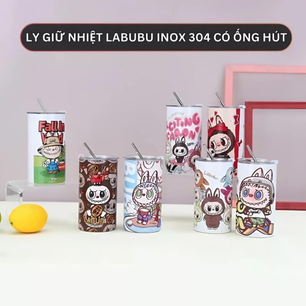 Ly giữ nhiệt, bình giữ nhiệt Inox, cốc giữ nhiệt có ống hút, ly giữ nhiệt Labubu tiện lợi 600ml