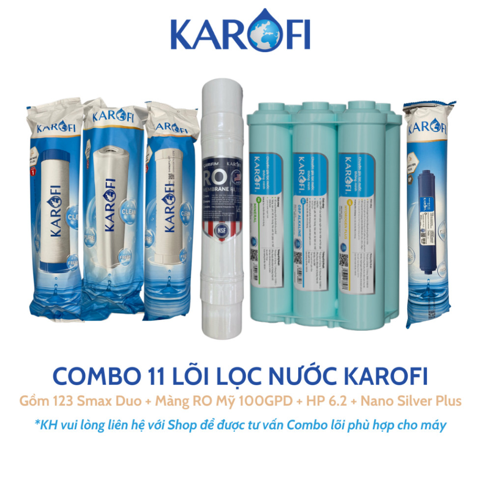 Combo 11 Lõi Lọc Karofi Sử Dụng 123 Smax Duo, Màng RO 100GPD Purifim Mỹ, Bộ Smax HP 6.2 Và Nano Silv