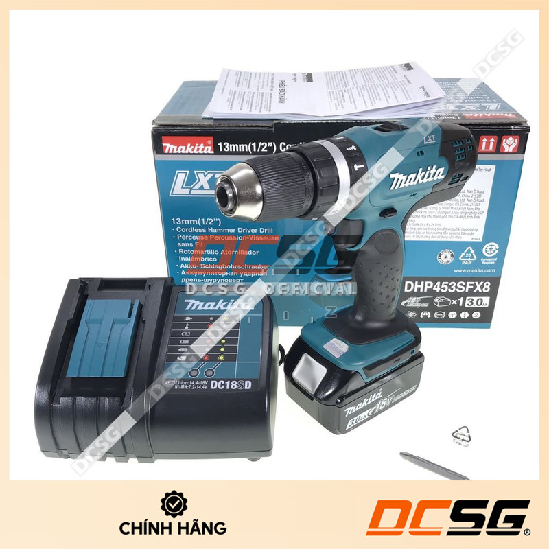 Máy khoan búa, vặn vít dùng pin 18V Makita DHP453SFX8 | DCSG