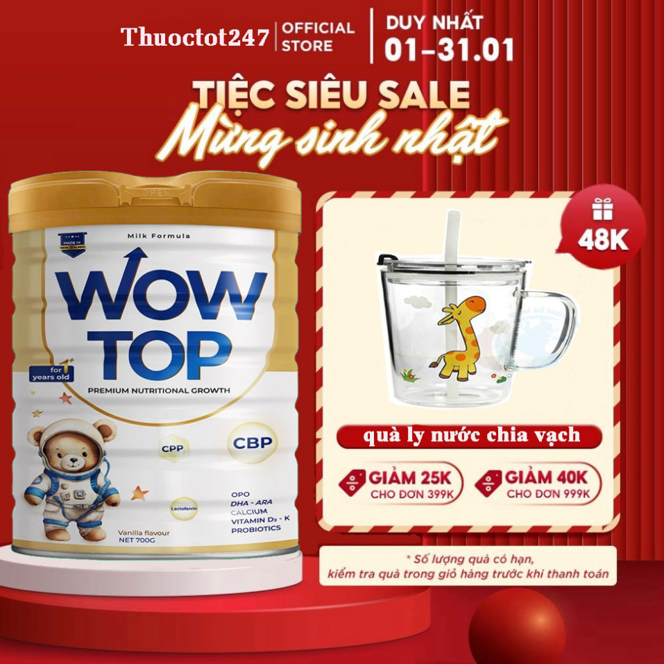 Sữa WOWTOP phát triển chiều cao cho bé từ 2-15 tuổi  650g phiên Bản mới nâng cấp chất lượng Nutrients 27.