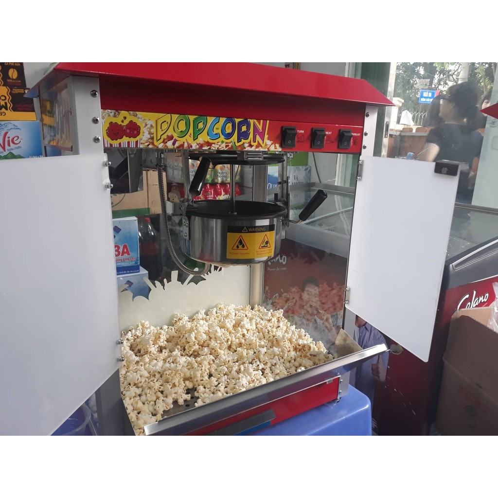 Máy nổ bỏng ngô bán vỉa hè, nổ bắp rang bơ bán tại nhà dùng điện 220V, có tủ kính trưng bày sạch sẽ kinh doanh