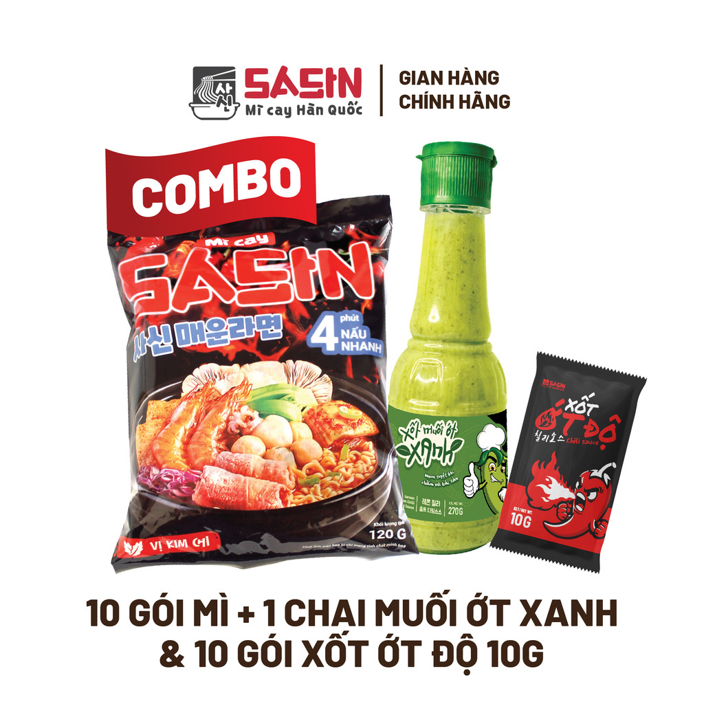 Combo 10 gói mì Sasin vị kim chi 120g + 1 chai Muối ớt xanh + 10 gói sốt ớt độ Sasin 10g BSET0101