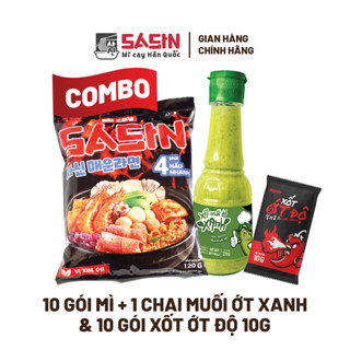 Combo 10 gói mì Sasin vị kim chi 120g + 1 chai Muối ớt xanh + 10 gói sốt ớt độ Sasin 10g BSET0101