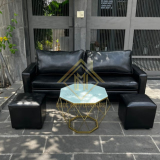 Bộ Sofa Băng Phòng Khách Dài 1m8 Màu Đen Chất Giả Da Sang Trọng Kèm Đôn Gối Và Bàn Thương Hiệu Ngọc Mai