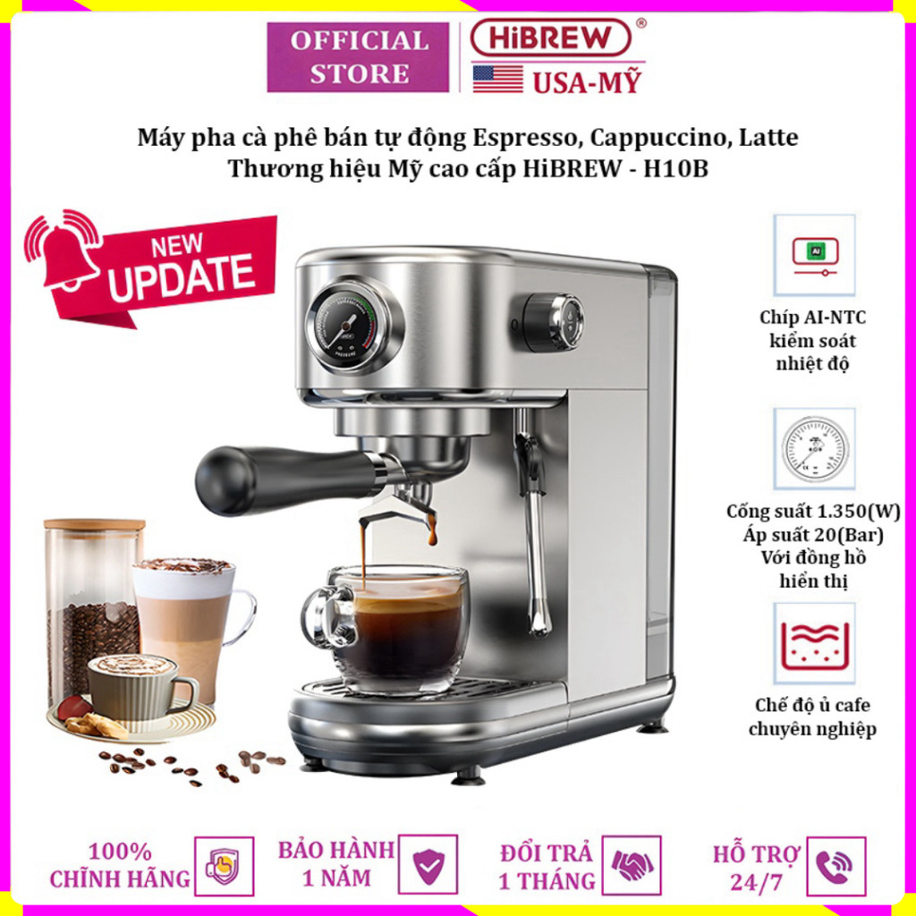 Máy pha cà phê bán tự động Espresso, Cappuccino, Latte thương hiệu HiBREW H10B - Hàng Nhập Khẩu (BH 