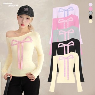  Áo thun nữ tay dài lệch vai thun cotton phối nơ MONÁ - DAZZY TOP Min.stu 