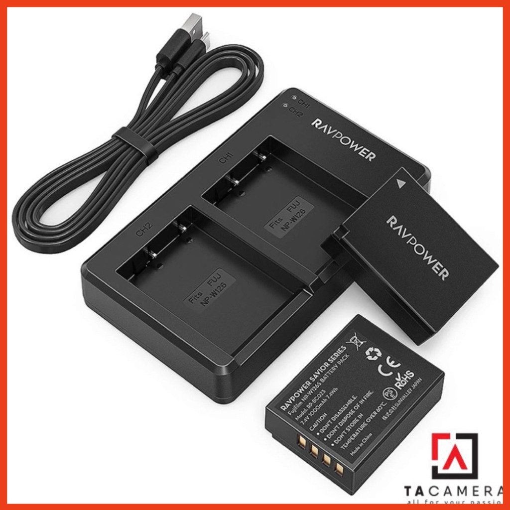 Combo 2Pin 1Sạc Đôi RAVPOWER Cổng USB Cho Fujifilm NP-W126S 1000mAh - BH 15 Tháng