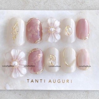 Nailbox móng úp form tròn ngắn vẽ hoa nổi thạch tiểu thư ẩn nhũ lấp lánh