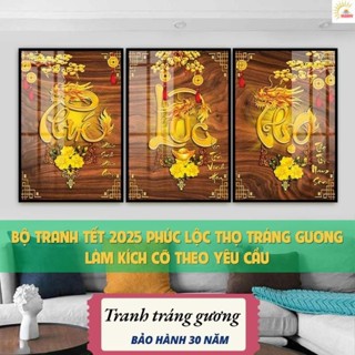 Tranh Tết Phúc Lộc Thọ 2025 Ất Tỵ Decor Phòng khách ,Tranh Treo Tường Chữ Thư Pháp Laminate Tráng Gương (Bộ 3 tấm)