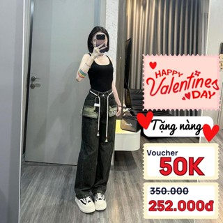 Quần jean nữ ống rộng TEEMEEJEAN quần bò suông cạp cao thêu chữ KAKA trơn màu đen ánh rêu size S M L 368