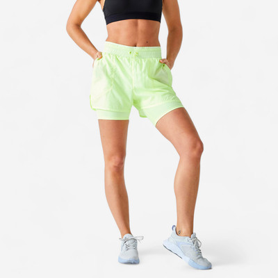 Quần short tập fitness 2 trong 1 cho nữ vàng Decathlon DOMYOS mã 8774606