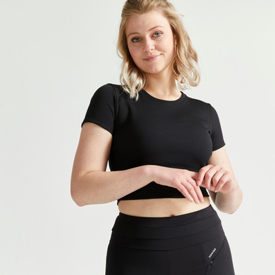 Áo croptop ngắn tay tập fitness fts 520 cho nữ đen Decathlon DOMYOS mã 8738334