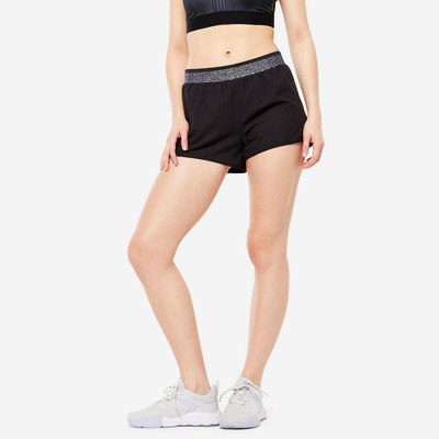 Quần short nữ tập gym fst 100 đen/vân xám Decathlon DOMYOS mã 8853008