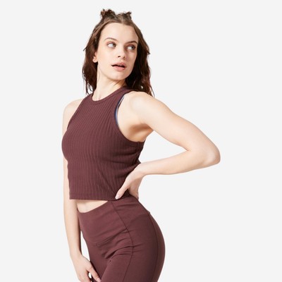Áo croptop tập gym nữ có gân sọc rib 520 nâu Decathlon DOMYOS mã 8772630